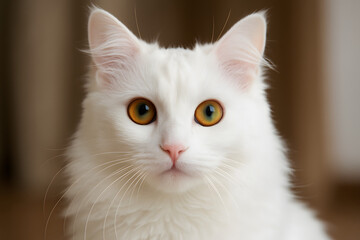 Elegant Feline: A portrait of a serene white cat with captivating eyes, embodying grace and purity, as it gazes directly at the viewer.