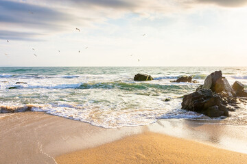 sand beach with rock in morning sunlight. summer vacation landscape by the sea. nature scenery with...