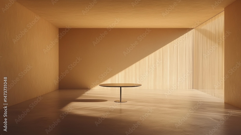 Poster a minimalist room with a round table and a window.