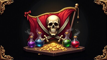 Pirate Flag with Skull, Treasure, and Magic Potions