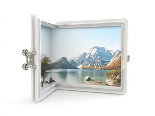 Vintage photo album with metallic clasps opens to reveal turquoise lake under snow-capped peaks, autumn foliage framing minimalist white pages.