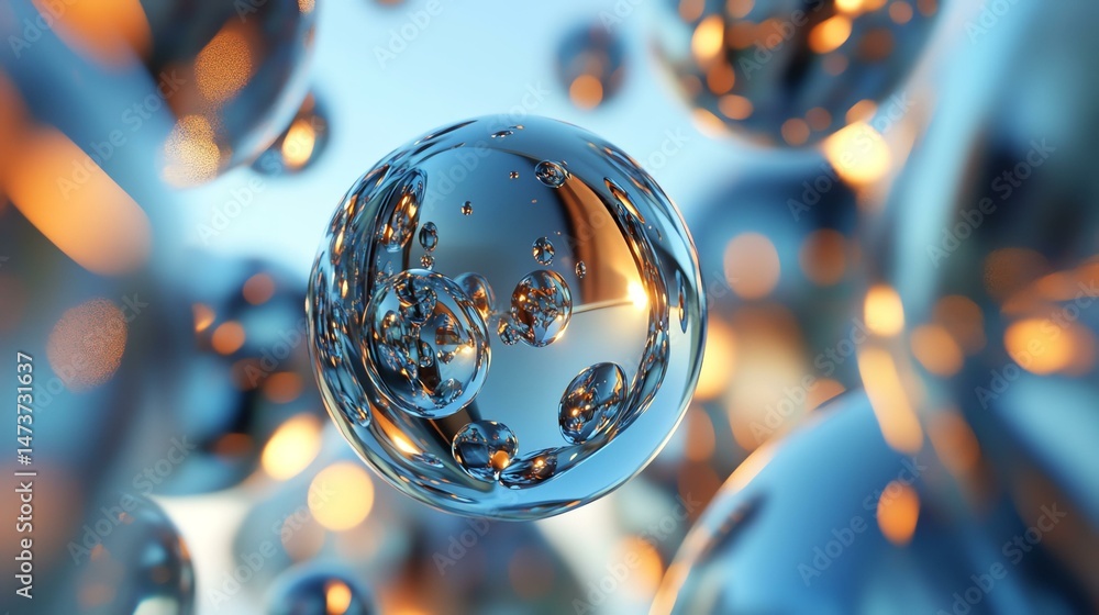 Poster a glass sphere contains water droplets, creating a shimmering effect. the droplets float within the 
