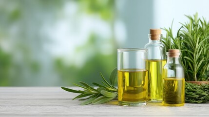 Modern Display of Olive Oil Bottles with Fresh Herbs in Background