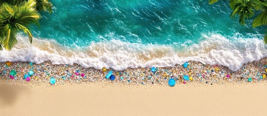 Obraz premium Exotic beach with turquoise water, white waves and colorful decorative stones