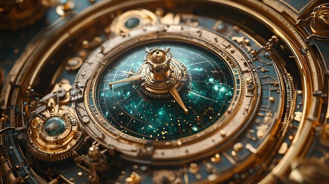 Bronze gears turn within a complex astronomical instrument, tracking the movement of celestial bodies and aiding in navigation and scientific discovery