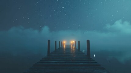 Night sky, misty lake, illuminated pier.