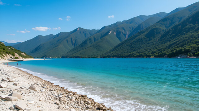 Heavenly scene from Lago di Cingoli, rocky white shores skimmed by the rippling azure waters of the lake, surrounded by imposing hills completely topped by green vegetation, under cyan skies