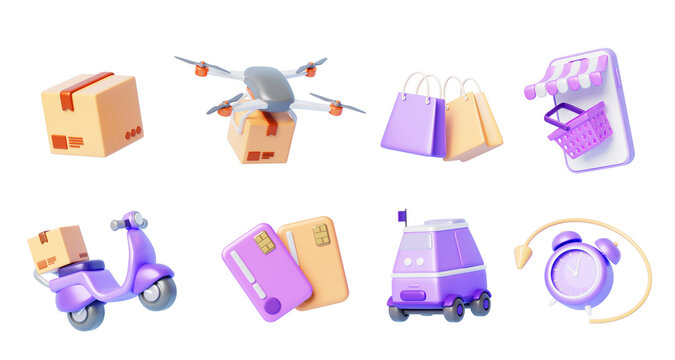 3d set of delivery robot, drone and scooter with box for shipping food and parcels. Mobile phone with shopping basket, bag, credit card icon. Fast order online delivery service render