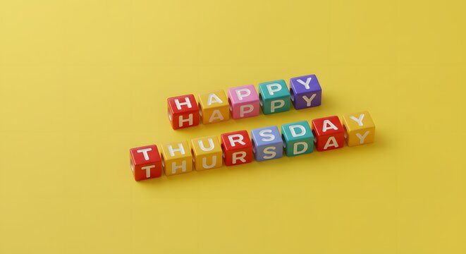 Happy Thursday. Letter cubes aligned to say Happy Thursday on a vivid yellow surface, great for weekday graphics, blog posts, or cheerful digital artwork.