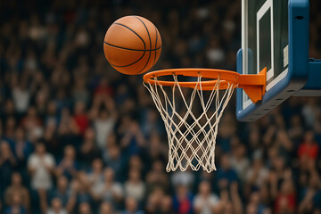 Fototapeta premium Experience the Thrill of a Slam Dunk Moment: A Simple Composition Captures the Essence of Basketball Action, Featuring a Player Driving to the Hoop for an Epic Score in a Dynamic Display of 