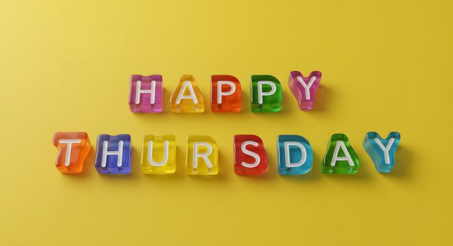 Happy Thursday. Colorful plastic blocks forming Happy Thursday placed on a yellow background, perfect for school materials, office reminders, or email headers.