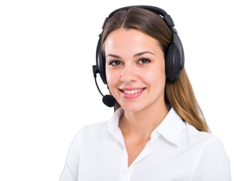 Smiling brunette woman wearing headset in professional business portrait close up on dark backdrop for customer service and telecommunications related concepts and visuals