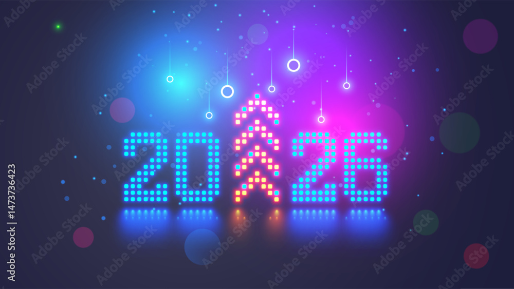 Poster 2026 New Year and Christmas in tech style. 20 26 digits consist of neon dots or pixels. 2026 New Year card digital technology. 2026 text with Christmas tree at up arrow. 2026 design card or calendar.