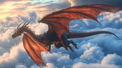 A majestic dragon soars through a sky filled with billowing clouds. The image captures a fantastical scene of a dragon in flight.