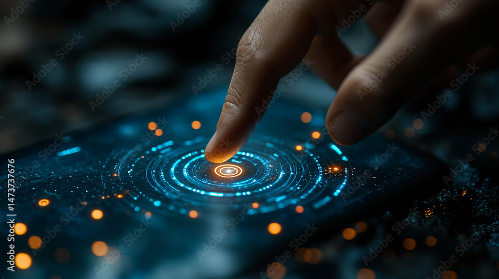 Poster a close-up of a finger touching a complex luminous structure, a microchip, or a digital network.