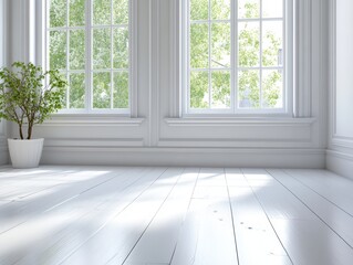 Fototapeta premium Bright, airy room with large windows, showcasing a clean and minimalist aesthetic
