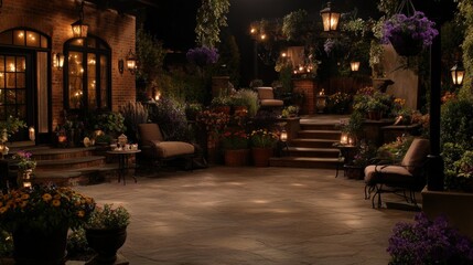 Fototapeta premium Elegant outdoor patio at night, featuring warm lighting, plants, and seating
