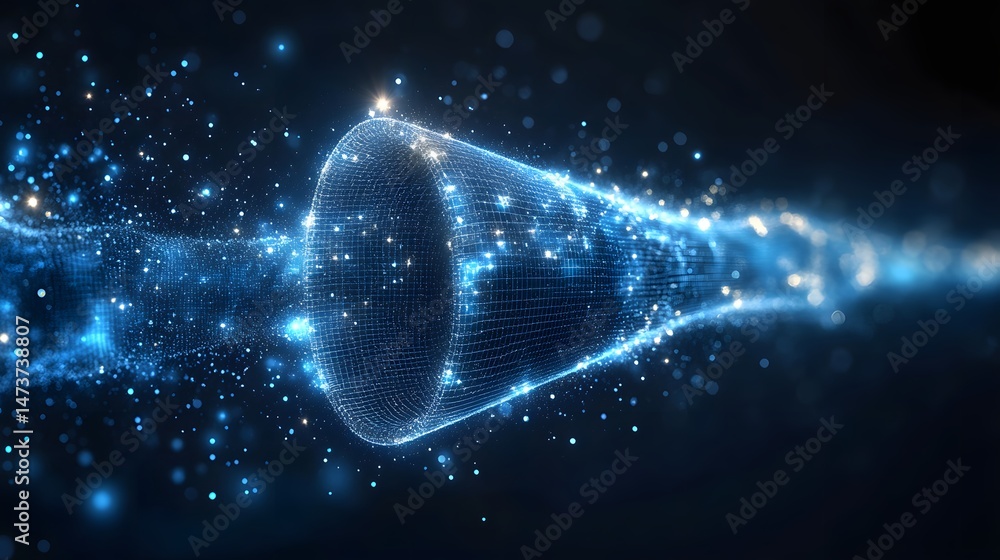 Poster futuristic blue tunnel, a glowing grid converging into a point, filled with sparkling lights against