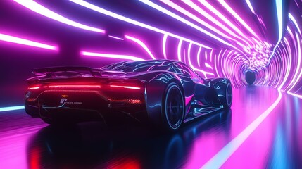Naklejka premium A sleek, futuristic car speeds through a brightly lit tunnel. The scene evokes a sense of advanced technology and movement.