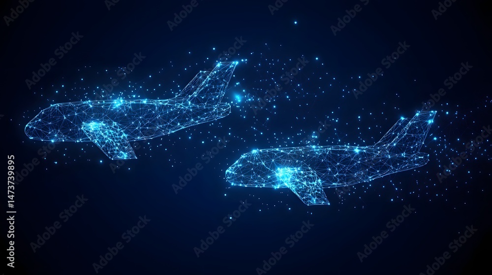 Poster digital airplanes soar with interconnected blue lines and glowing dots against a dark blue backdrop.