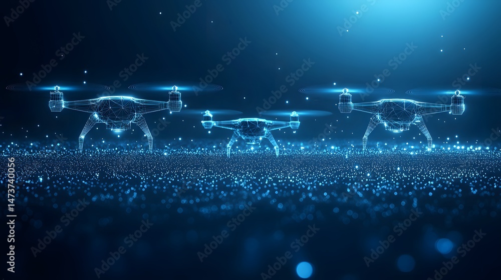 Leinwandbilder futuristic drones shimmer on a blue, dotted platform against a gradient backdrop. their clean lines 