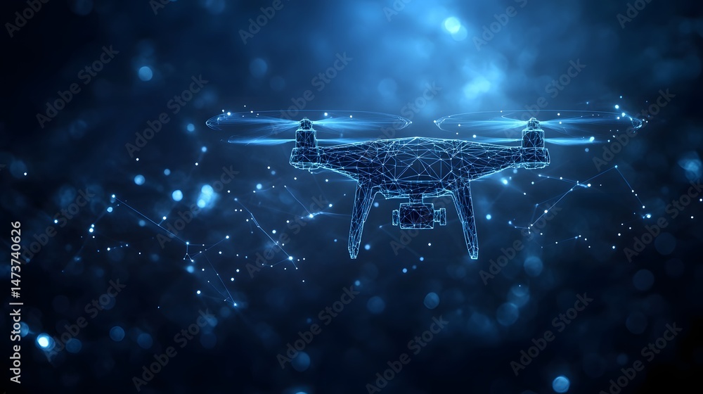 Poster Futuristic drone design with glowing rotors against a dark backdrop. Connecting lines emphasize digital connectivity and innovation. Perfect for tech themes. Abstract wireframe in dark blue