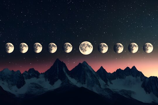 The moon phases over snowy mountain peaks under a starry night sky