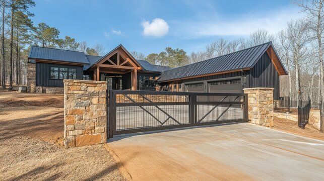 Modern farmhouse exterior with black accents and stonework