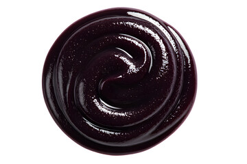 Top view macro photo of glossy blackcurrant fruit spread, isolate don white