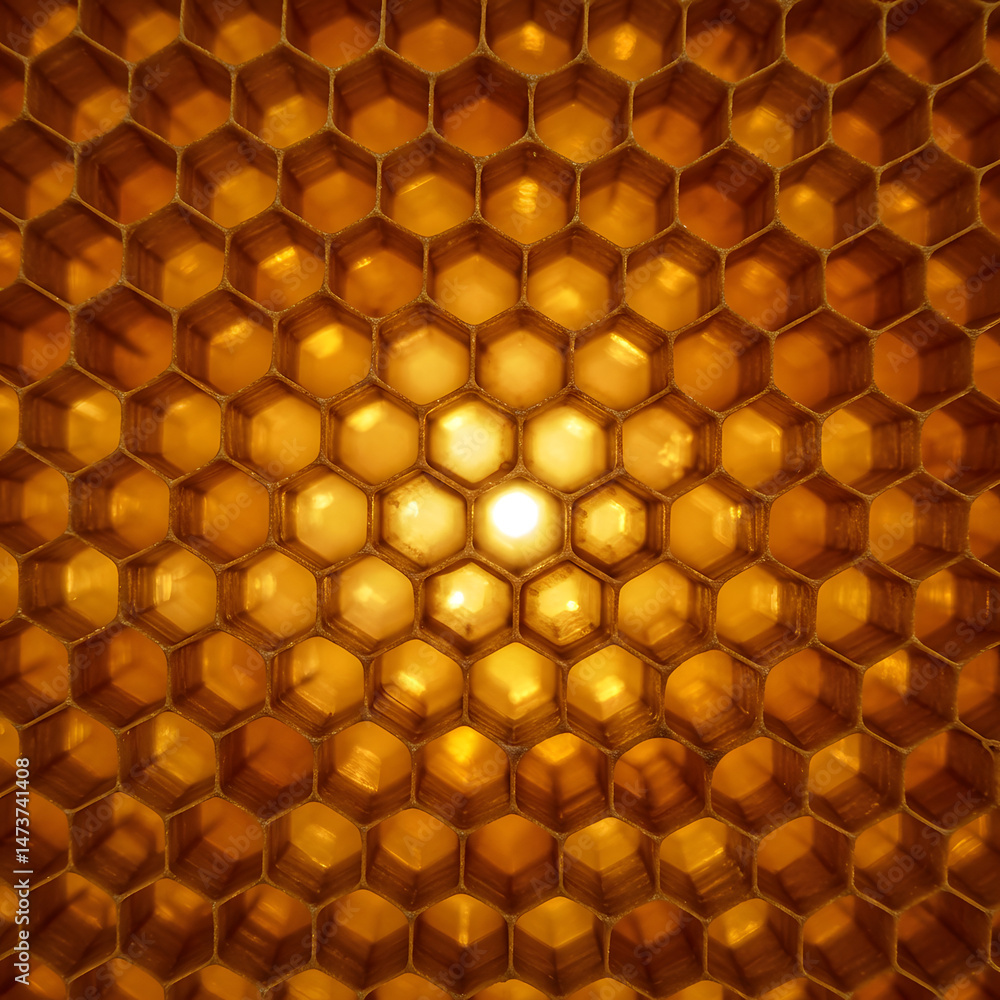 Aufkleber golden honeycomb a close-up view of nature's intricate hexagonal structure, illuminated from within,