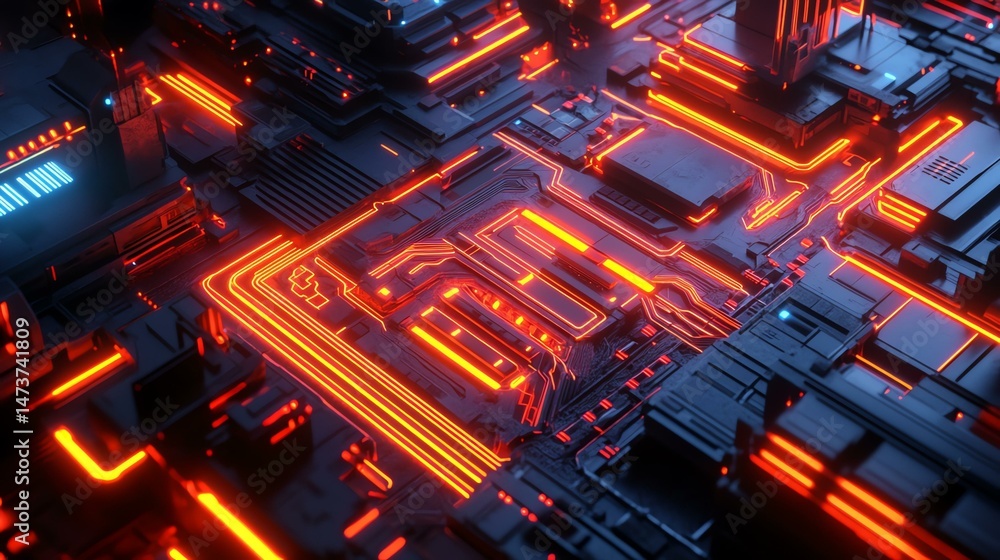 Poster a vibrant computer circuit glows with neon and red lights. the intricate circuitry is illuminated wi