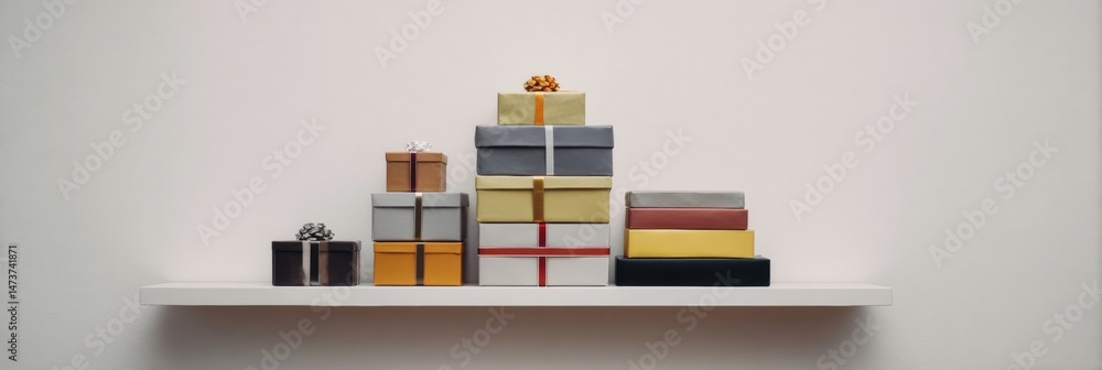 Aufkleber Colorful Stack of Presents on Minimal Shelf With Large Negative Space Above, Enhancing the Festive Atmosphere and Showcasing Gift-Wrapping Style