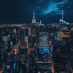Fototapeta premium Night view of a sprawling metropolis, illuminated skyscrapers against a twilight sky