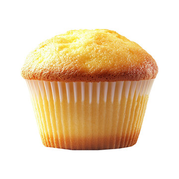 Golden brown vanilla muffin with fluffy texture in paper liner, isolated on white transparent background, concept of fresh bakery