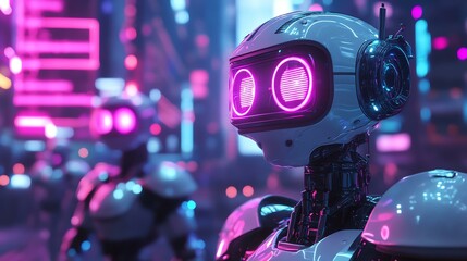 A robot features a pink light illuminating its head. It’s a distinctive design element of the robotic figure.