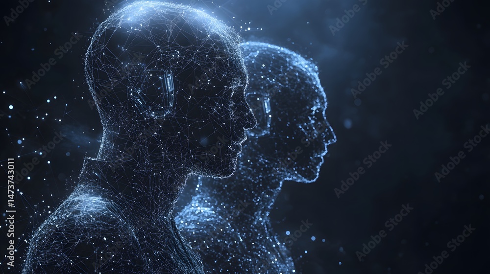 Aufkleber Futuristic digital renderings showcase two luminous wireframe human profiles interconnected with light. Artificial intelligence, digital identity are present. Abstract wireframe in dark blue