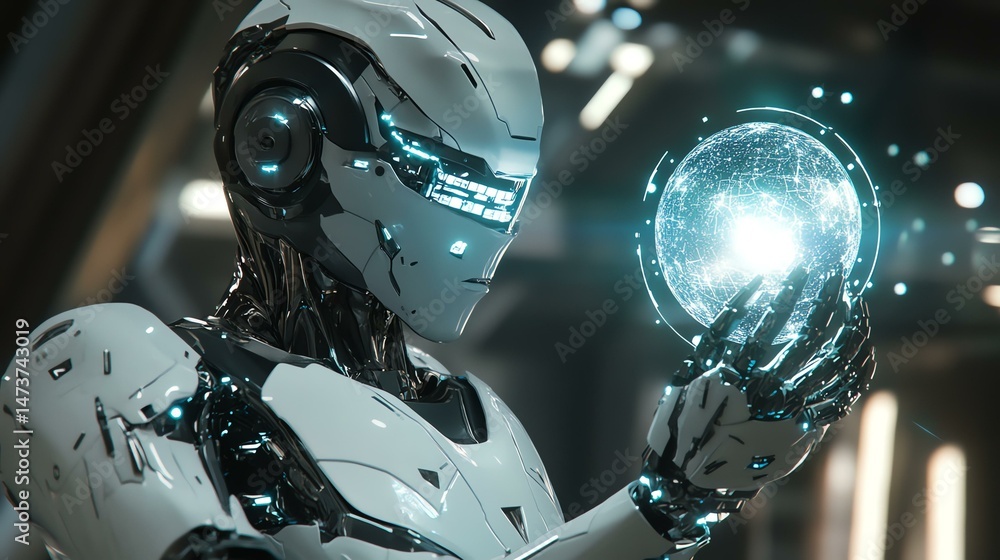 Poster a robot is holding a light bulb in its hand. the image suggests a technological or innovative concep