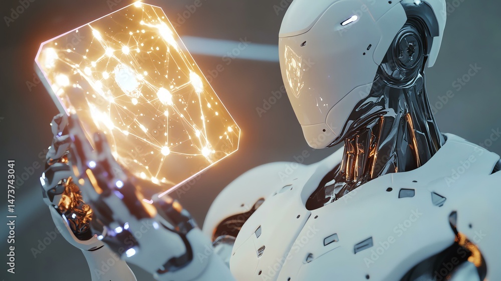 Poster a robot is holding a tablet displaying a glowing screen. the image depicts a futuristic scene with a