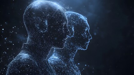 Futuristic digital renderings showcase two luminous wireframe human profiles interconnected with light. Artificial intelligence, digital identity are present. Abstract wireframe in dark blue