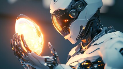 A robot is holding a light in its hand. The image depicts a robotic figure illuminated by a light source.