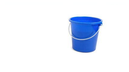 A single blue plastic bucket with a metal handle, partially filled with water, sits on a white background.