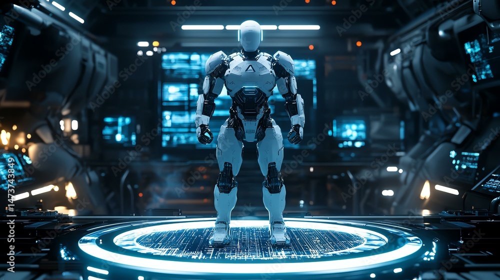 Poster a robot stands on a table within a room. the scene depicts a solitary robot in an indoor setting.