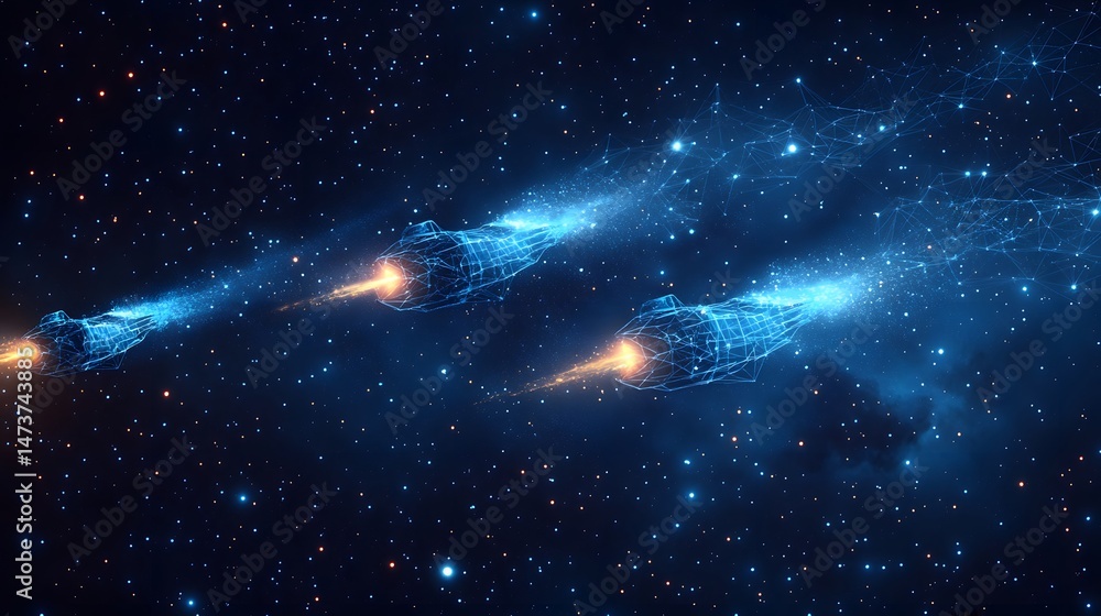 Aufkleber Futuristic spacecraft navigate a vibrant nebula, propelled by orange energy. A stellar backdrop enhances the scene. Ideal for sci-fi concepts. Abstract wireframe in dark blue.