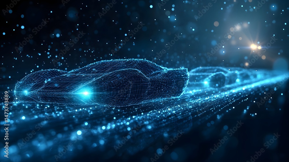 Poster futuristic vehicles glide along a digital path. blue wireframe cars and particles create a modern, t