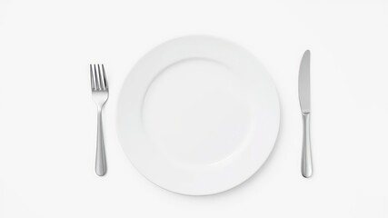 Simple elegance a pristine white dinner plate, fork, and knife on a clean white background