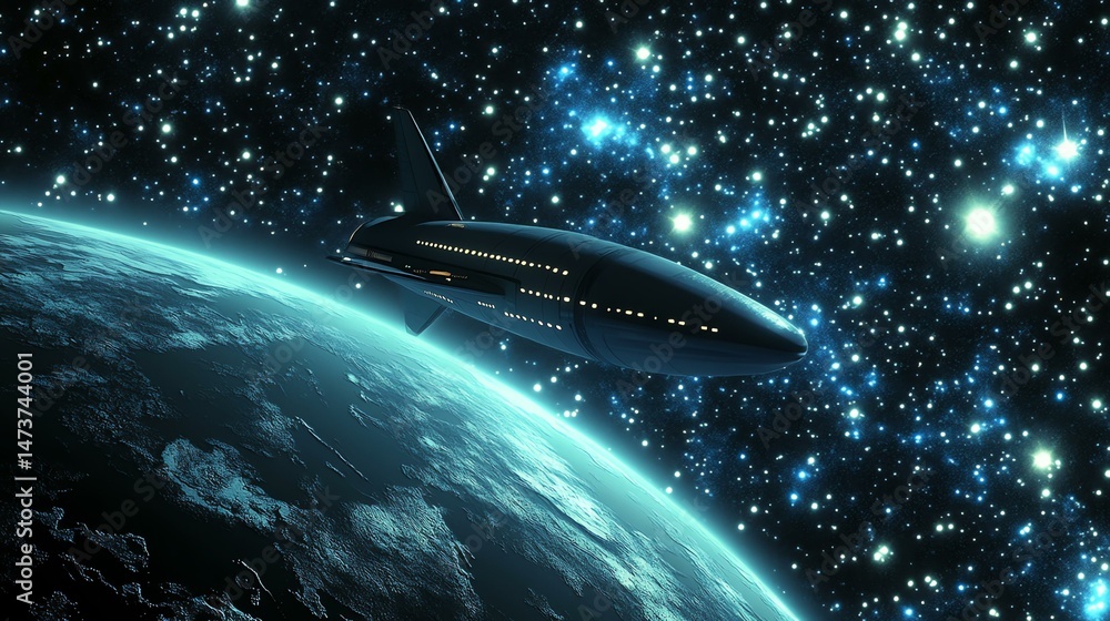 Poster a space shuttle soars above a distant planet. the image depicts space travel and planetary explorati