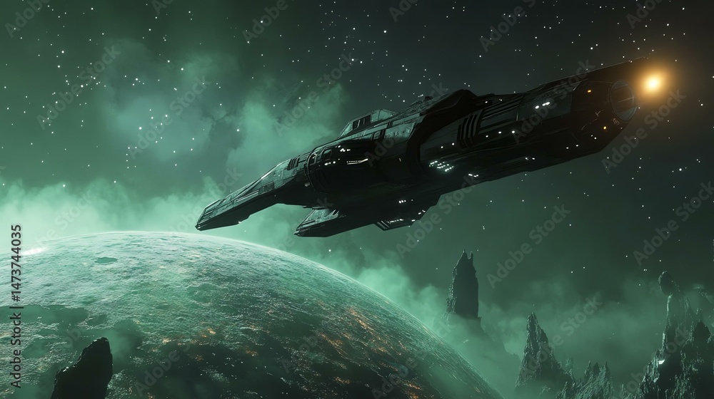 Poster a spaceship soars through the sky above a distant planet. the image depicts space travel and planeta