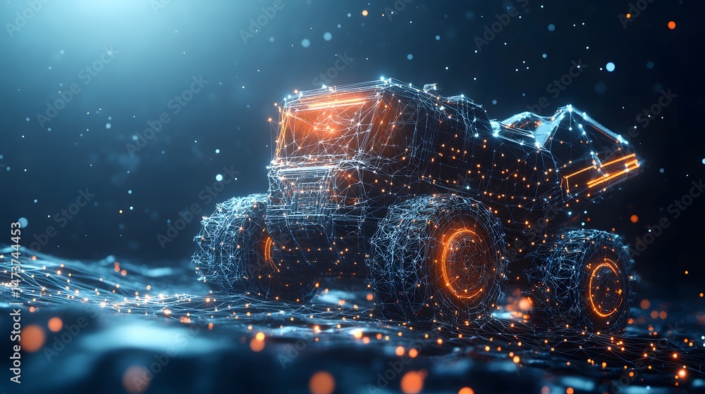 Poster futuristic wireframe truck concept in a simulated environment. glowing orange accents enhance the hi