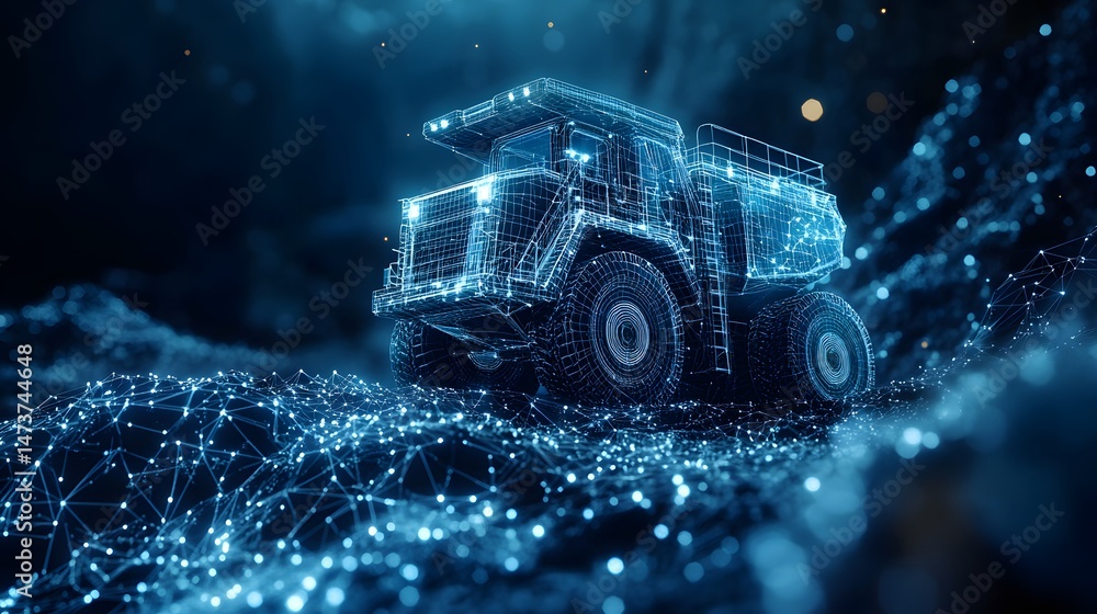 Poster Futuristic mining truck visualized as a glowing blue wireframe against a dark background. Technological data representation of heavy machinery. Abstract wireframe in dark blue