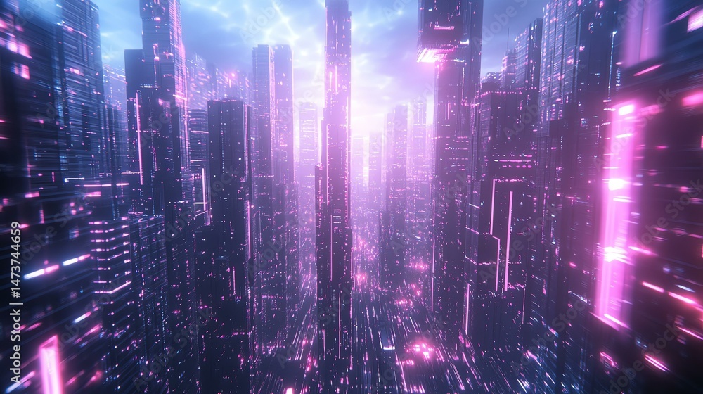 Poster the photo depicts a vibrant cityscape filled with numerous buildings illuminated by a dazzling array